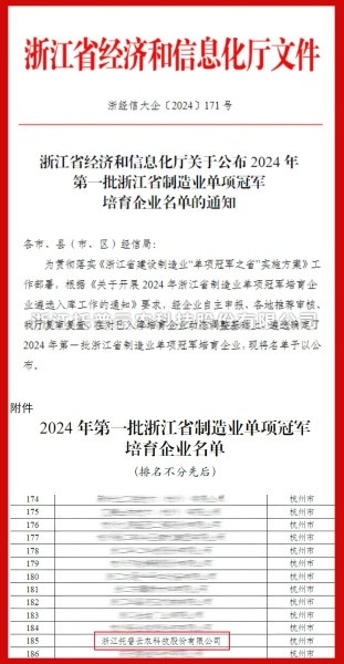 茄子视频污免费观看入選2024年第一批浙江省製造業單項冠軍培育企業名單